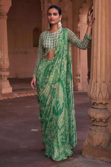 DiyaRajvvir Green Crepe Printed Floral Round Thikri Pre-draped Sharara Saree With Blouse