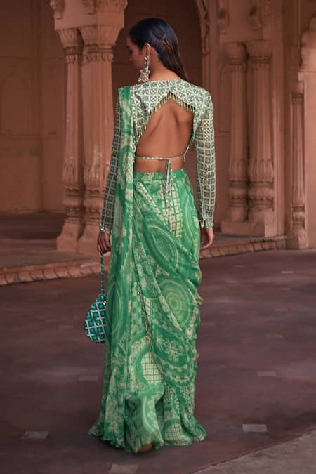 Diyarajvvir Thikri Print Pre-Draped Sharara Saree With Blouse 