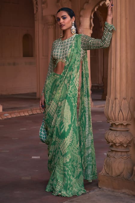 Diyarajvvir Green Crepe, Georgette Thikri Print Pre-draped Sharara Saree With Blouse Online at Aza Fashions Diyarajvvir_Green Crepe, Georgette Thikri Print Pre-draped Sharara Saree With Blouse _Online_at_Aza_Fashions
