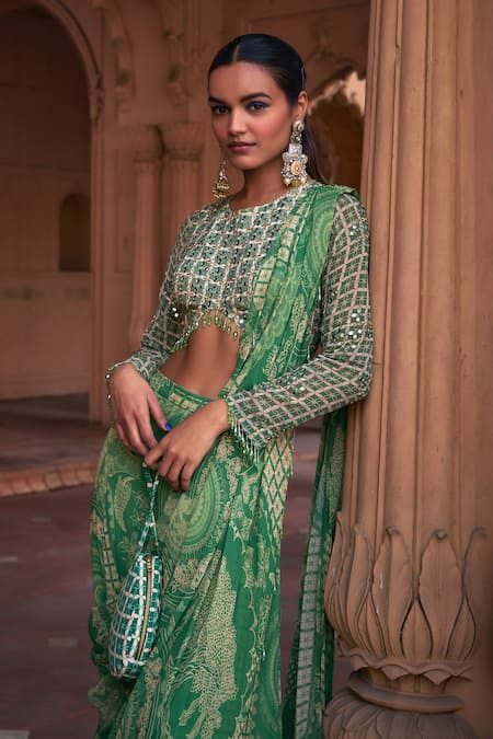 Buy Diyarajvvir Green Crepe, Georgette Thikri Print Pre-draped Sharara Saree With Blouse Online at Aza Fashions Buy_Diyarajvvir_Green Crepe, Georgette Thikri Print Pre-draped Sharara Saree With Blouse _Online_at_Aza_Fashions
