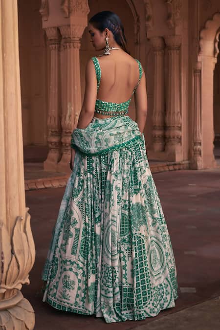 Shop_Diyarajvvir_Green Crepe, Georgette Sequins, Mirrors Square Neck Thikri Print Lehenga Set _at_Aza_Fashions