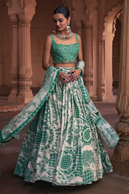 Diyarajvvir_Green Crepe, Georgette Sequins, Mirrors Square Neck Thikri Print Lehenga Set _Online_at_Aza_Fashions