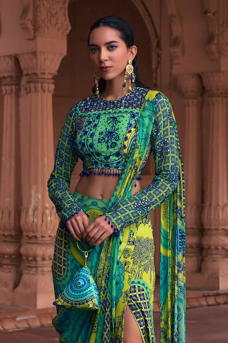 Diyarajvvir Thikri Print Pre-Draped Skirt Saree With Blouse 