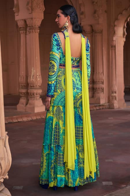 Shop Diyarajvvir Yellow Crepe, Georgette Sequins, Embroidery Sweetheart Neck Blouse Gharara Set at Aza Fashions Shop_Diyarajvvir_Yellow Crepe, Georgette Sequins, Embroidery Sweetheart Neck Blouse Gharara Set _at_Aza_Fashions