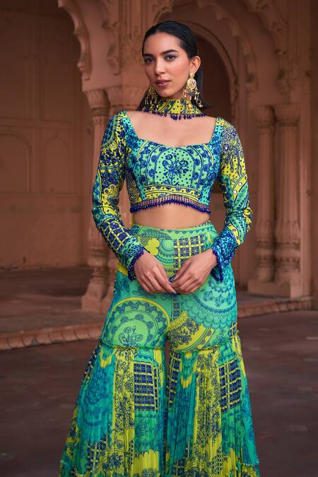 Diyarajvvir Yellow Crepe, Georgette Sequins, Embroidery Sweetheart Neck Blouse Gharara Set Online at Aza Fashions Diyarajvvir_Yellow Crepe, Georgette Sequins, Embroidery Sweetheart Neck Blouse Gharara Set _Online_at_Aza_Fashions