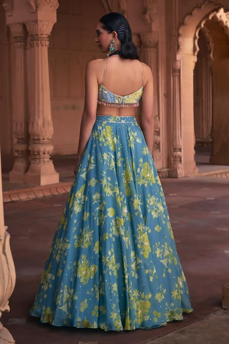 Diyarajvvir Blue Organza, Crepe Embroidery, Sequins Square Floral Print Blouse And Lehenga Set Online at Aza Fashions Diyarajvvir_Blue Organza, Crepe Embroidery, Sequins Square Floral Print Blouse And Lehenga Set _Online_at_Aza_Fashions