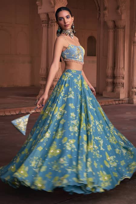 Buy Diyarajvvir Blue Organza, Crepe Embroidery, Sequins Square Floral Print Blouse And Lehenga Set Online at Aza Fashions Buy_Diyarajvvir_Blue Organza, Crepe Embroidery, Sequins Square Floral Print Blouse And Lehenga Set _Online_at_Aza_Fashions