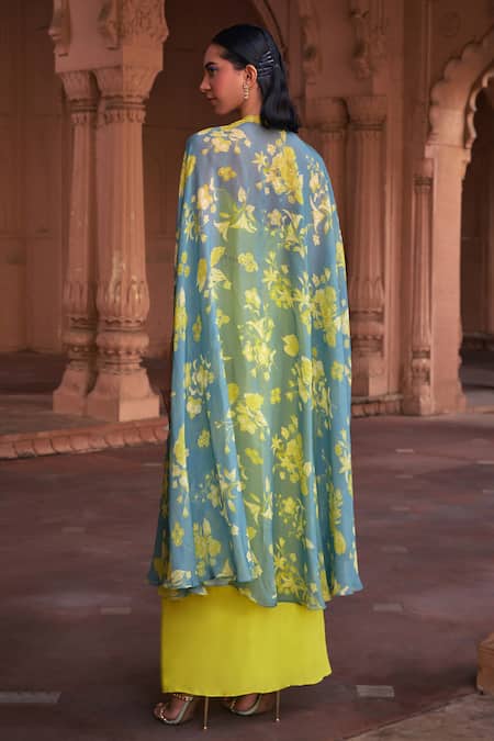 Shop Diyarajvvir Blue Organza, Crepe, Linen Sequins, Floral Print Cape With Dhoti Skirt Set at Aza Fashions Shop_Diyarajvvir_Blue Organza, Crepe, Linen Sequins, Floral Print Cape With Dhoti Skirt Set _at_Aza_Fashions