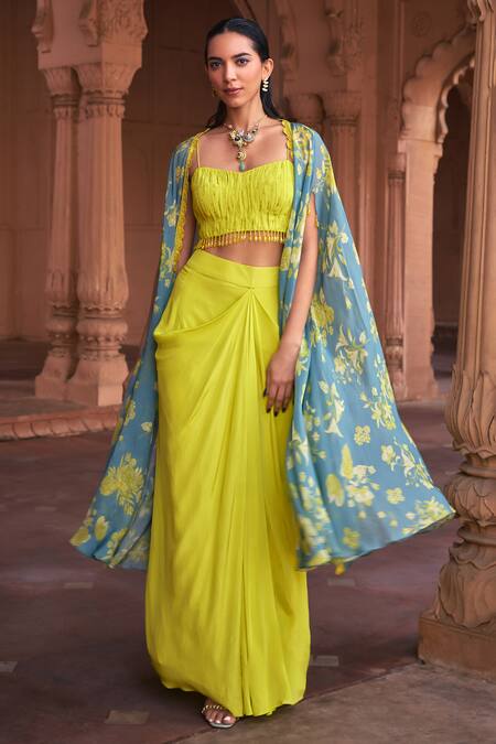 Diyarajvvir Blue Organza, Crepe, Linen Sequins, Floral Print Cape With Dhoti Skirt Set Online at Aza Fashions Diyarajvvir_Blue Organza, Crepe, Linen Sequins, Floral Print Cape With Dhoti Skirt Set _Online_at_Aza_Fashions