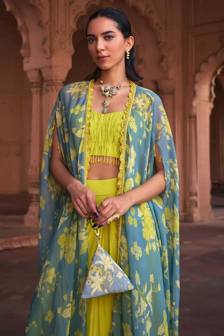Shop Diyarajvvir Blue Organza, Crepe, Linen Sequins, Floral Print Cape With Dhoti Skirt Set Online at Aza Fashions Shop_Diyarajvvir_Blue Organza, Crepe, Linen Sequins, Floral Print Cape With Dhoti Skirt Set _Online_at_Aza_Fashions