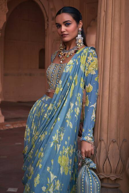 Diyarajvvir Blue Crepe, Georgette Sequins, Floral Pattern Pre-draped Skirt Saree With Blouse Online at Aza Fashions Diyarajvvir_Blue Crepe, Georgette Sequins, Floral Pattern Pre-draped Skirt Saree With Blouse _Online_at_Aza_Fashions