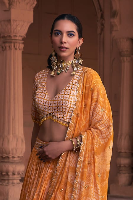 Shop Diyarajvvir Yellow Crepe, Georgette Mirrors, Embroidery V-neck Thikri Print Lehenga Set at Aza Fashions Shop_Diyarajvvir_Yellow Crepe, Georgette Mirrors, Embroidery V-neck Thikri Print Lehenga Set _at_Aza_Fashions