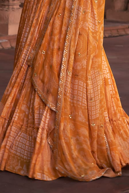 Diyarajvvir Yellow Crepe, Georgette Mirrors, Embroidery V-neck Thikri Print Lehenga Set Online at Aza Fashions Diyarajvvir_Yellow Crepe, Georgette Mirrors, Embroidery V-neck Thikri Print Lehenga Set _Online_at_Aza_Fashions