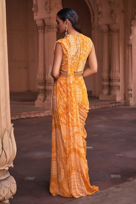 Shop Diyarajvvir Yellow Crepe, Georgette Thikri Print Pre-draped Sharara Saree With Blouse at Aza Fashions Shop_Diyarajvvir_Yellow Crepe, Georgette Thikri Print Pre-draped Sharara Saree With Blouse _at_Aza_Fashions