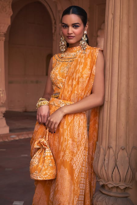 Diyarajvvir Yellow Crepe, Georgette Thikri Print Pre-draped Sharara Saree With Blouse Online at Aza Fashions Diyarajvvir_Yellow Crepe, Georgette Thikri Print Pre-draped Sharara Saree With Blouse _Online_at_Aza_Fashions