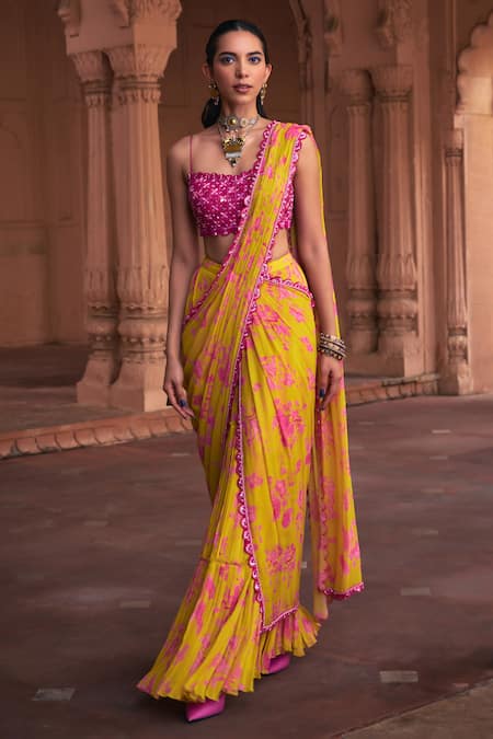 DiyaRajvvir Yellow Cotton Silk Printed Floral Sweetheart Pre-draped Skirt Saree With Blouse