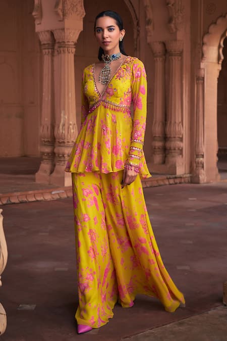 DiyaRajvvir Yellow Georgette Printed Floral Deep V Neck Peplum Top And Sharara Set 