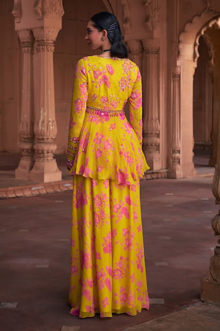 Shop Diyarajvvir Yellow Georgette Embroidery, Sequins Floral Print Peplum Top And Sharara Set at Aza Fashions Shop_Diyarajvvir_Yellow Georgette Embroidery, Sequins Floral Print Peplum Top And Sharara Set _at_Aza_Fashions