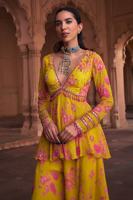 Diyarajvvir Yellow Georgette Embroidery, Sequins Floral Print Peplum Top And Sharara Set Online at Aza Fashions Diyarajvvir_Yellow Georgette Embroidery, Sequins Floral Print Peplum Top And Sharara Set _Online_at_Aza_Fashions
