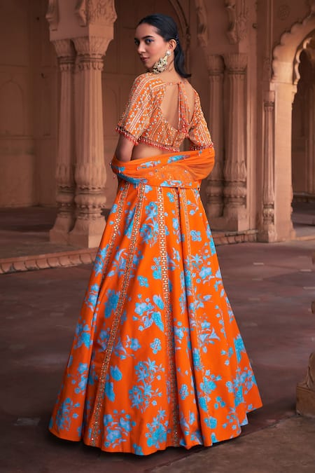Shop_Diyarajvvir_Orange Crepe, Tulle Embroidery, Mirrors Square Neck Floral Lehenga Set _at_Aza_Fashions