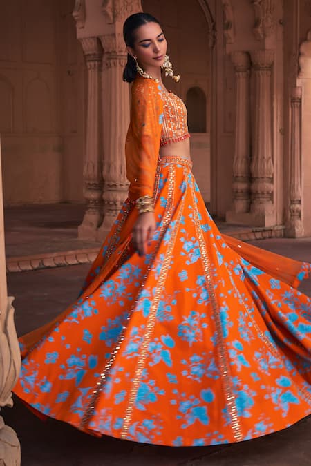 Diyarajvvir_Orange Crepe, Tulle Embroidery, Mirrors Square Neck Floral Lehenga Set _Online_at_Aza_Fashions
