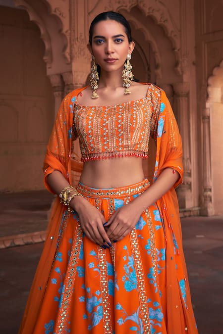 Buy_Diyarajvvir_Orange Crepe, Tulle Embroidery, Mirrors Square Neck Floral Lehenga Set _Online_at_Aza_Fashions