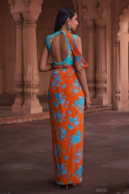 Shop Diyarajvvir Blue Crepe, Linen Sequins, Embroidery Round Neck Floral Print Blouse And Skirt Set at Aza Fashions Shop_Diyarajvvir_Blue Crepe, Linen Sequins, Embroidery Round Neck Floral Print Blouse And Skirt Set _at_Aza_Fashions