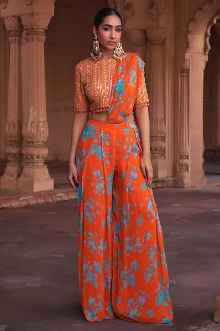 Diyarajvvir_Orange Georgette, Crepe, Linen Floral Print Pre-draped Pant Saree With Blouse _Online_at_Aza_Fashions