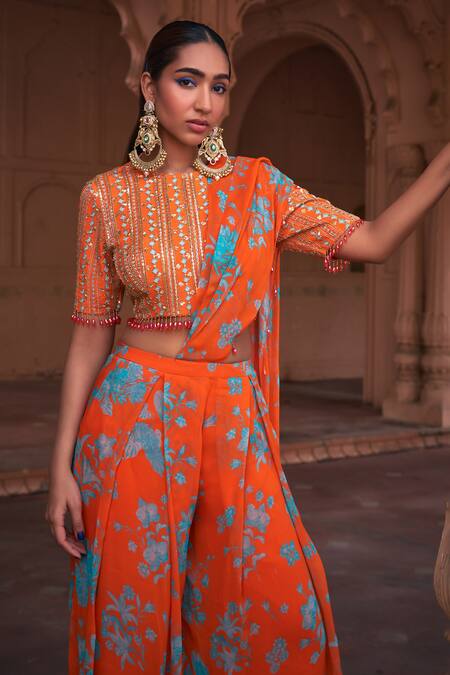 Buy_Diyarajvvir_Orange Georgette, Crepe, Linen Floral Print Pre-draped Pant Saree With Blouse _Online_at_Aza_Fashions