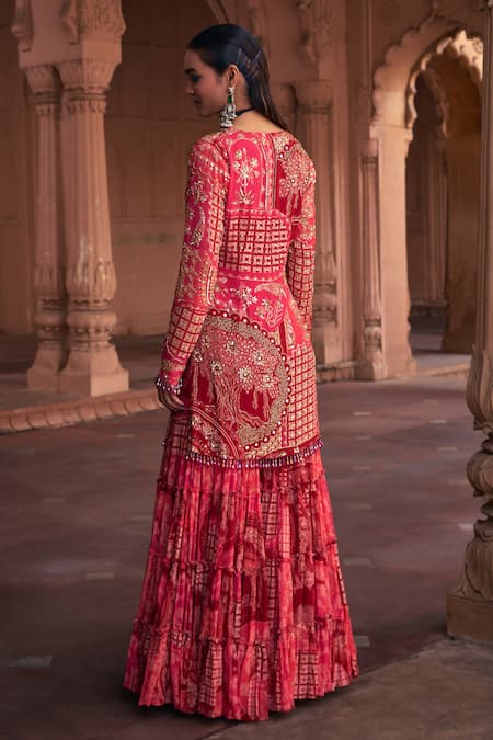 Shop Diyarajvvir Maroon Georgette, Linen Embroidery, Sequins, Thikri Print Kurta And Gharara Set at Aza Fashions Shop_Diyarajvvir_Maroon Georgette, Linen Embroidery, Sequins, Thikri Print Kurta And Gharara Set _at_Aza_Fashions