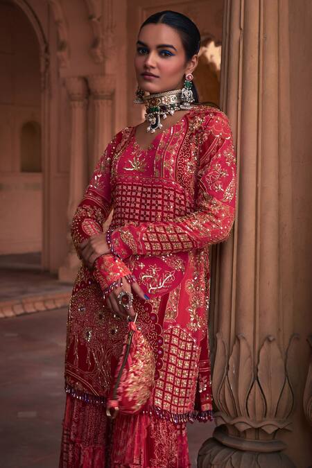 Shop Diyarajvvir Maroon Georgette, Linen Embroidery, Sequins, Thikri Print Kurta And Gharara Set Online at Aza Fashions Shop_Diyarajvvir_Maroon Georgette, Linen Embroidery, Sequins, Thikri Print Kurta And Gharara Set _Online_at_Aza_Fashions