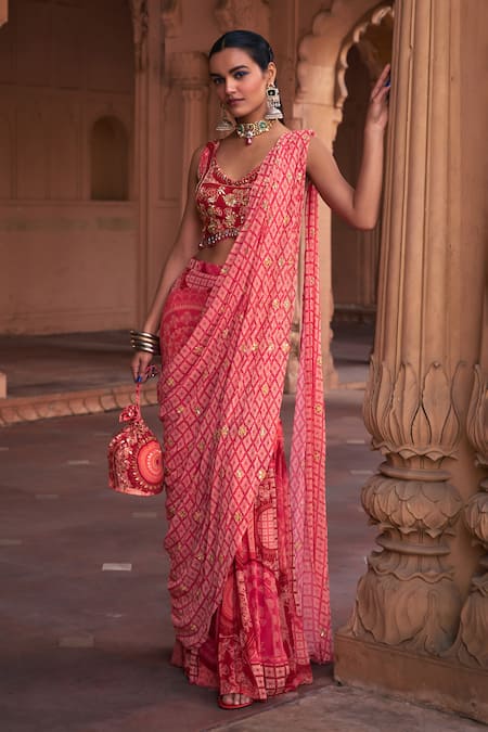 Diyarajvvir_Maroon Crepe, Georgette Thikri Print Pre-draped Gharara Saree With Blouse _Online_at_Aza_Fashions