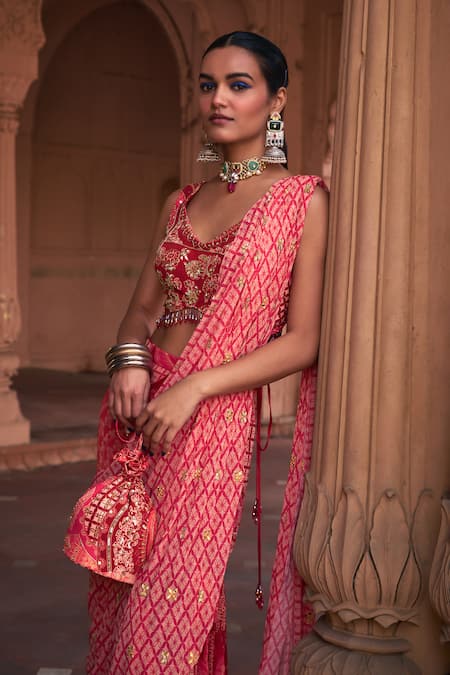 Buy_Diyarajvvir_Maroon Crepe, Georgette Thikri Print Pre-draped Gharara Saree With Blouse _Online_at_Aza_Fashions