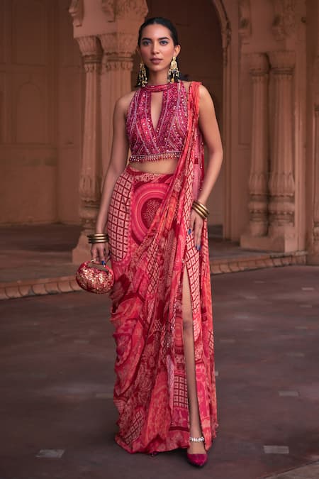 DiyaRajvvir Maroon Tulle Printed Floral Halter Thikri Pre-draped Skirt Saree With Blouse