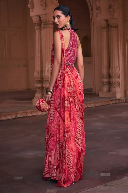 Shop Diyarajvvir Maroon Tulle, Crepe, Georgette Thikri Print Pre-draped Skirt Saree With Blouse at Aza Fashions Shop_Diyarajvvir_Maroon Tulle, Crepe, Georgette Thikri Print Pre-draped Skirt Saree With Blouse _at_Aza_Fashions