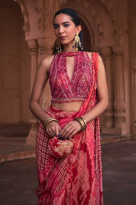 Buy Diyarajvvir Maroon Tulle, Crepe, Georgette Thikri Print Pre-draped Skirt Saree With Blouse Online at Aza Fashions Buy_Diyarajvvir_Maroon Tulle, Crepe, Georgette Thikri Print Pre-draped Skirt Saree With Blouse _Online_at_Aza_Fashions