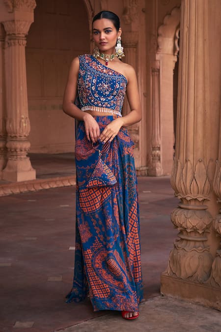 DiyaRajvvir Blue Georgette Printed Thikri One-shoulder Crop Top Skirt Set