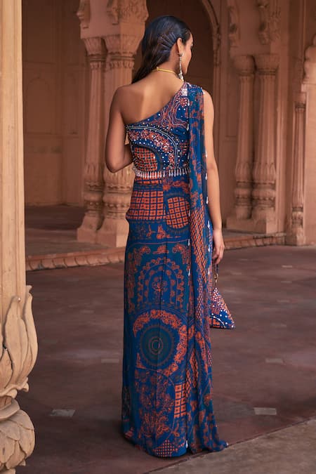 Shop Diyarajvvir Blue Crepe, Georgette Embroidery One Shoulder Printed Crop Top Skirt Set at Aza Fashions Shop_Diyarajvvir_Blue Crepe, Georgette Embroidery One Shoulder Printed Crop Top Skirt Set _at_Aza_Fashions