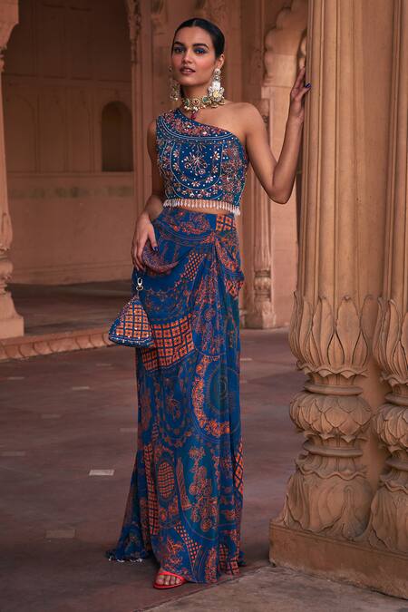 Diyarajvvir Blue Crepe, Georgette Embroidery One Shoulder Printed Crop Top Skirt Set Online at Aza Fashions Diyarajvvir_Blue Crepe, Georgette Embroidery One Shoulder Printed Crop Top Skirt Set _Online_at_Aza_Fashions
