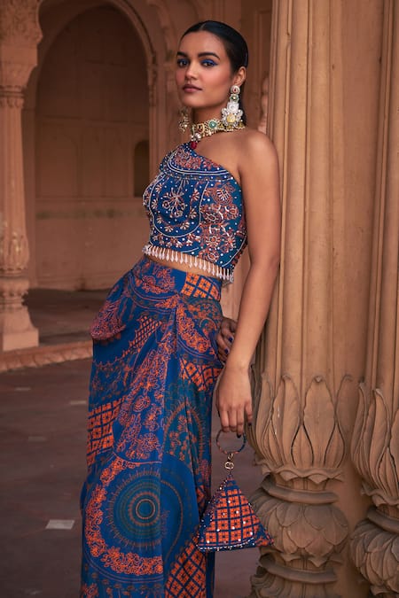 Buy Diyarajvvir Blue Crepe, Georgette Embroidery One Shoulder Printed Crop Top Skirt Set Online at Aza Fashions Buy_Diyarajvvir_Blue Crepe, Georgette Embroidery One Shoulder Printed Crop Top Skirt Set _Online_at_Aza_Fashions