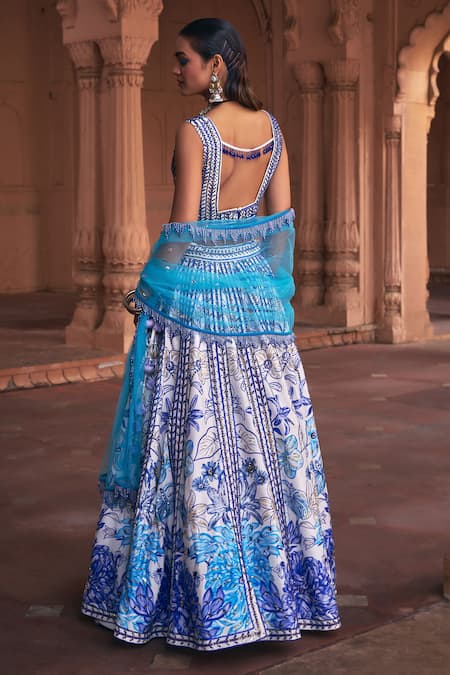 Shop Diyarajvvir Blue Tulle, Cotton, Silk Mirrors, Sequins, Bluebell Embroidered Lehenga Set at Aza Fashions Shop_Diyarajvvir_Blue Tulle, Cotton, Silk Mirrors, Sequins, Bluebell Embroidered Lehenga Set _at_Aza_Fashions