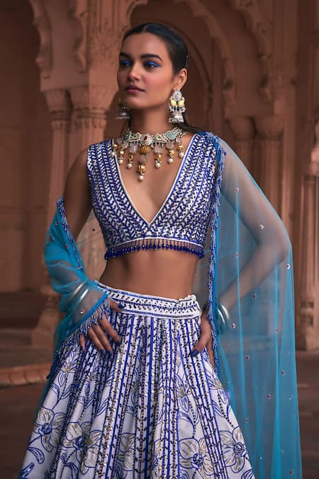 Buy Diyarajvvir Blue Tulle, Cotton, Silk Mirrors, Sequins, Bluebell Embroidered Lehenga Set Online at Aza Fashions Buy_Diyarajvvir_Blue Tulle, Cotton, Silk Mirrors, Sequins, Bluebell Embroidered Lehenga Set _Online_at_Aza_Fashions