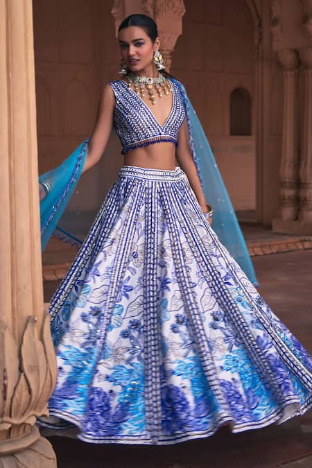 Shop Diyarajvvir Blue Tulle, Cotton, Silk Mirrors, Sequins, Bluebell Embroidered Lehenga Set Online at Aza Fashions Shop_Diyarajvvir_Blue Tulle, Cotton, Silk Mirrors, Sequins, Bluebell Embroidered Lehenga Set _Online_at_Aza_Fashions