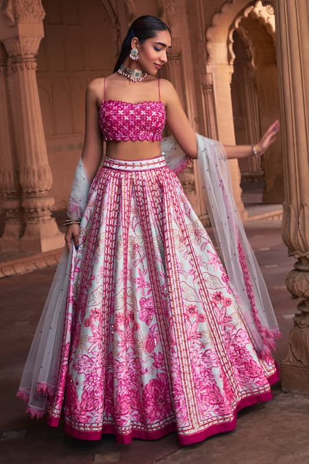 DiyaRajvvir Pink Cotton Silk Embroidery Mirror Square Neck Petunia Sequin Lehenga Set