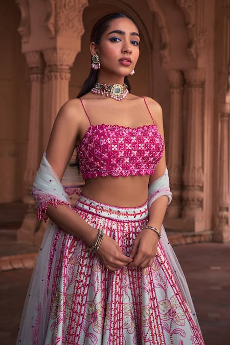 Buy_Diyarajvvir_Pink Tulle, Cotton Satin, Silk Sequins, Cut Work, Petunia Mirror Lehenga Set _Online_at_Aza_Fashions