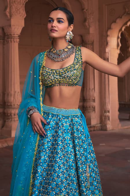 Buy_Diyarajvvir_Blue Tulle, Silk Beads, Sequins Round Edelweiss Mirror Embroidered Lehenga Set _Online_at_Aza_Fashions