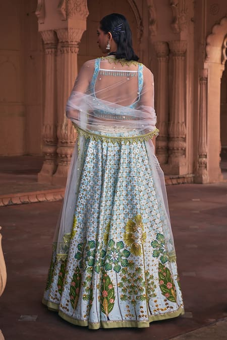 Shop Diyarajvvir Blue Tulle, Crepe, Silk Beads, Sequins, Gulbahar Mirror Embroidered Lehenga Set at Aza Fashions Shop_Diyarajvvir_Blue Tulle, Crepe, Silk Beads, Sequins, Gulbahar Mirror Embroidered Lehenga Set _at_Aza_Fashions