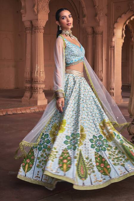 Diyarajvvir Blue Tulle, Crepe, Silk Beads, Sequins, Gulbahar Mirror Embroidered Lehenga Set Online at Aza Fashions Diyarajvvir_Blue Tulle, Crepe, Silk Beads, Sequins, Gulbahar Mirror Embroidered Lehenga Set _Online_at_Aza_Fashions