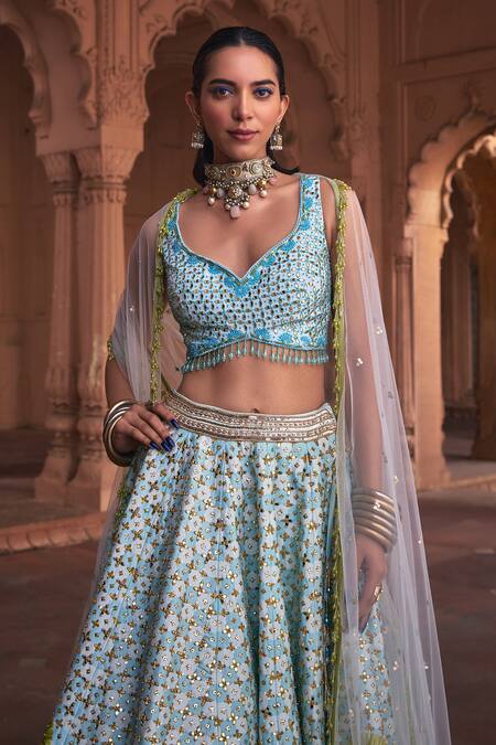 Buy Diyarajvvir Blue Tulle, Crepe, Silk Beads, Sequins, Gulbahar Mirror Embroidered Lehenga Set Online at Aza Fashions Buy_Diyarajvvir_Blue Tulle, Crepe, Silk Beads, Sequins, Gulbahar Mirror Embroidered Lehenga Set _Online_at_Aza_Fashions