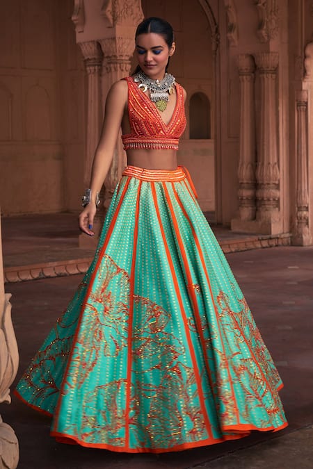 Shop Diyarajvvir Green Silk, Tulle Cut Work, Sequins, Rafflesia Bloom Embroidered Lehenga Set at Aza Fashions Shop_Diyarajvvir_Green Silk, Tulle Cut Work, Sequins, Rafflesia Bloom Embroidered Lehenga Set _at_Aza_Fashions